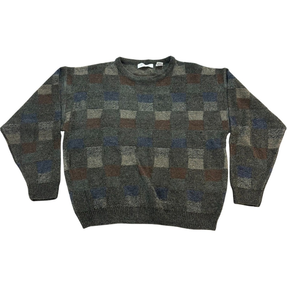 Pronto Uomo Mens Vintage Checkered Crewneck Sweater Gray Blue Brown Knit Large